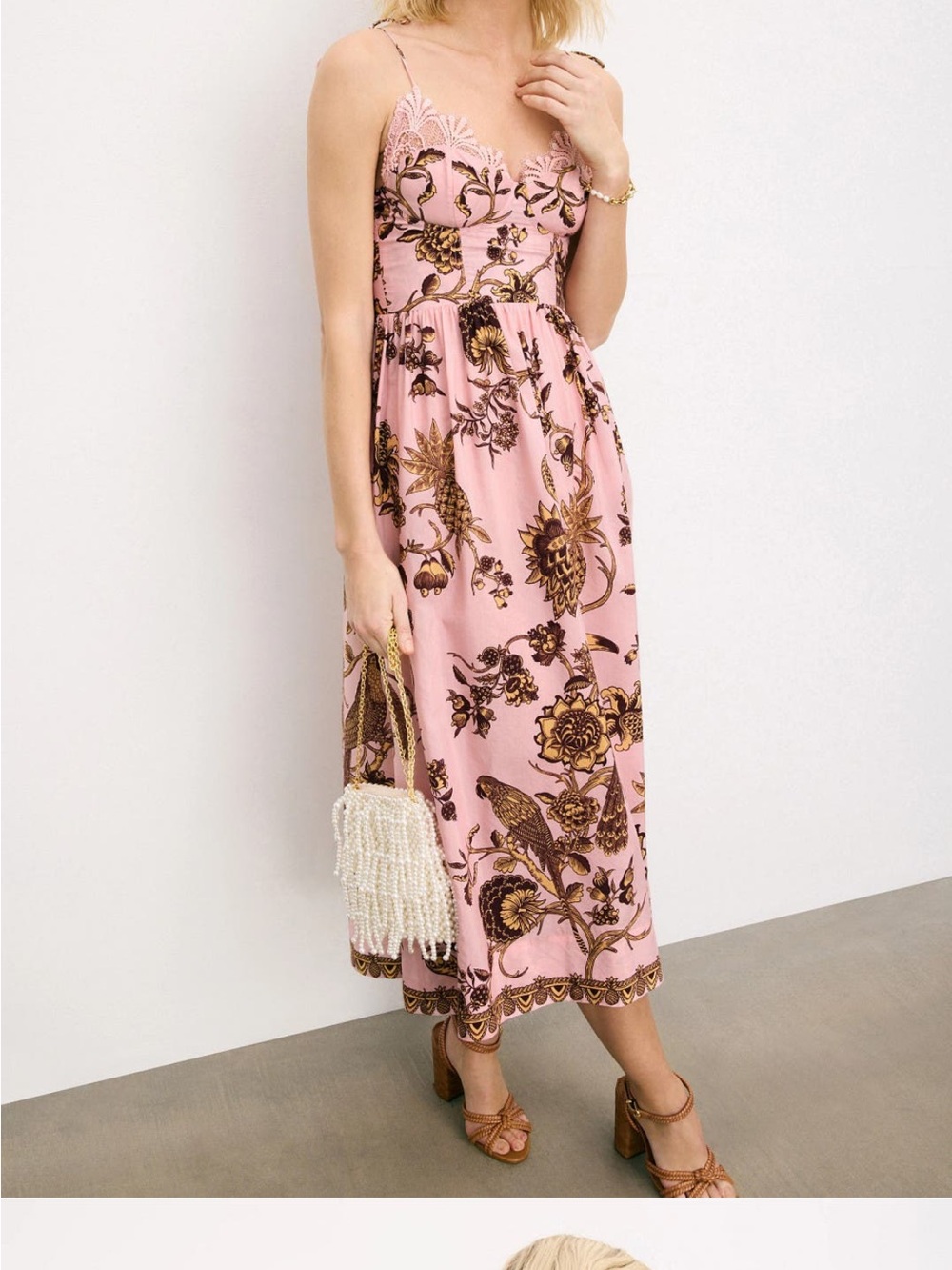 FARM Rio Pink Midi Dress with Brown Floral Motif